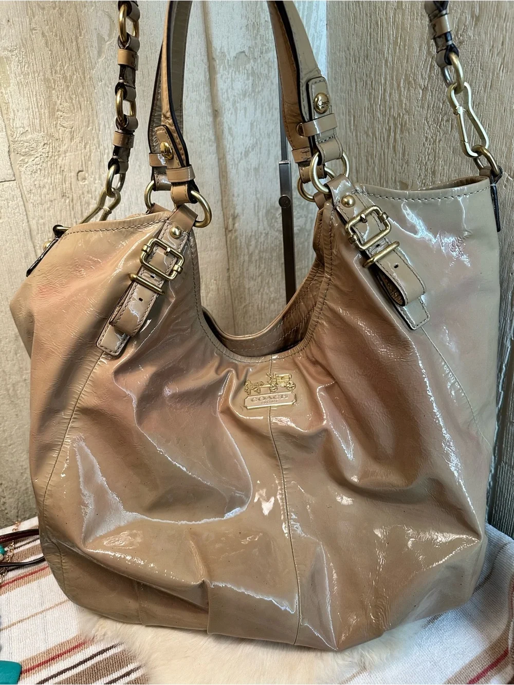 REHAB ME - Coach Blush Patent Leather Hobo with Gold Hardware